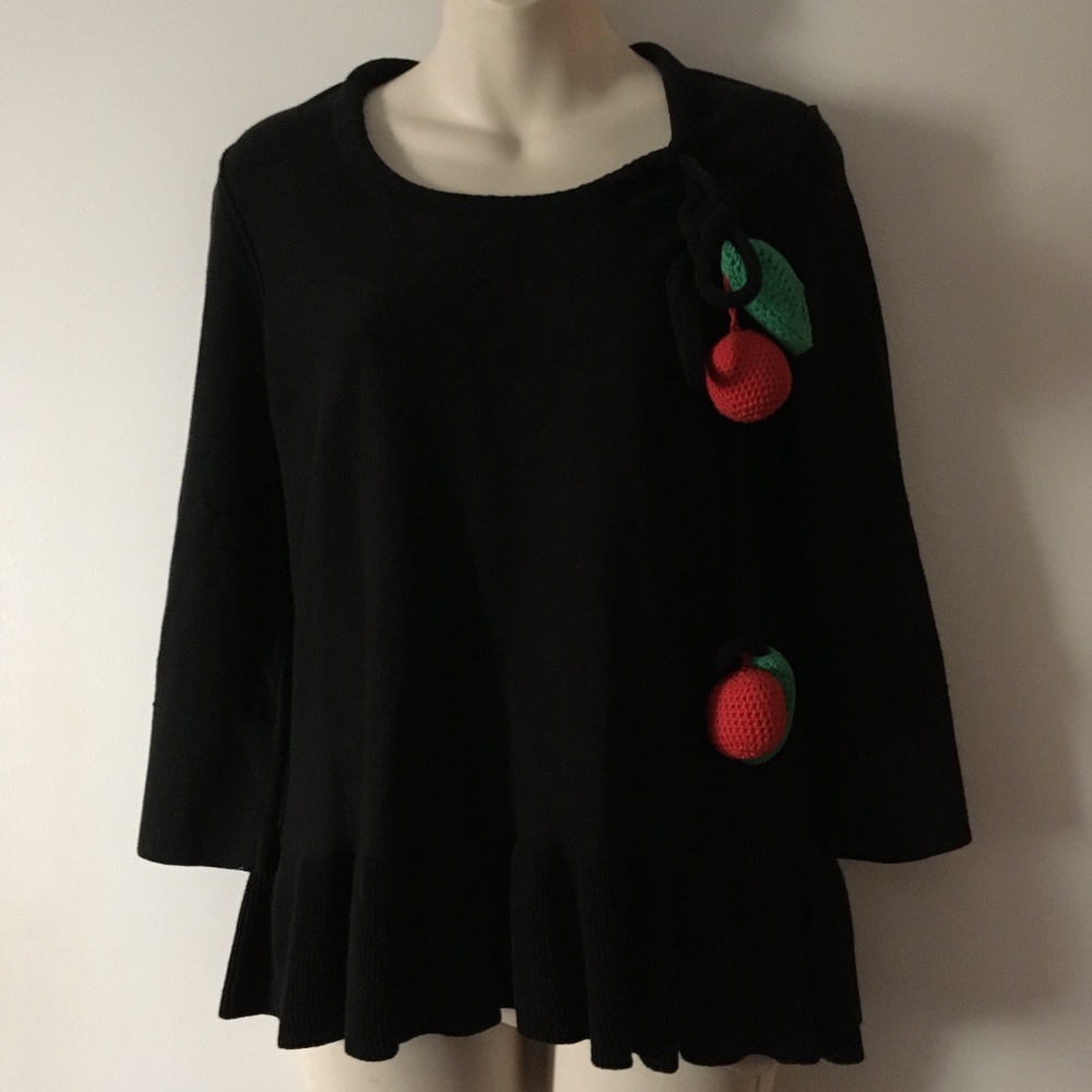 Vintage SONIA RYKIEL Black Cotton Cherry Peplum Knit Sweater S/M